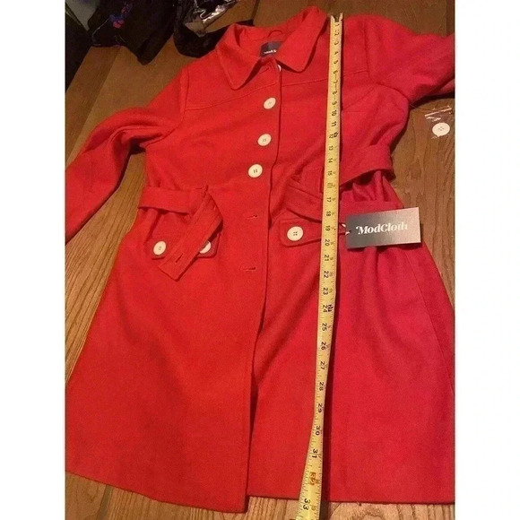 MODCLOTH Wool Coat L Red NWT Peacoat Tie Front Trench Long White Buttons Women’s - Picture 6 of 9